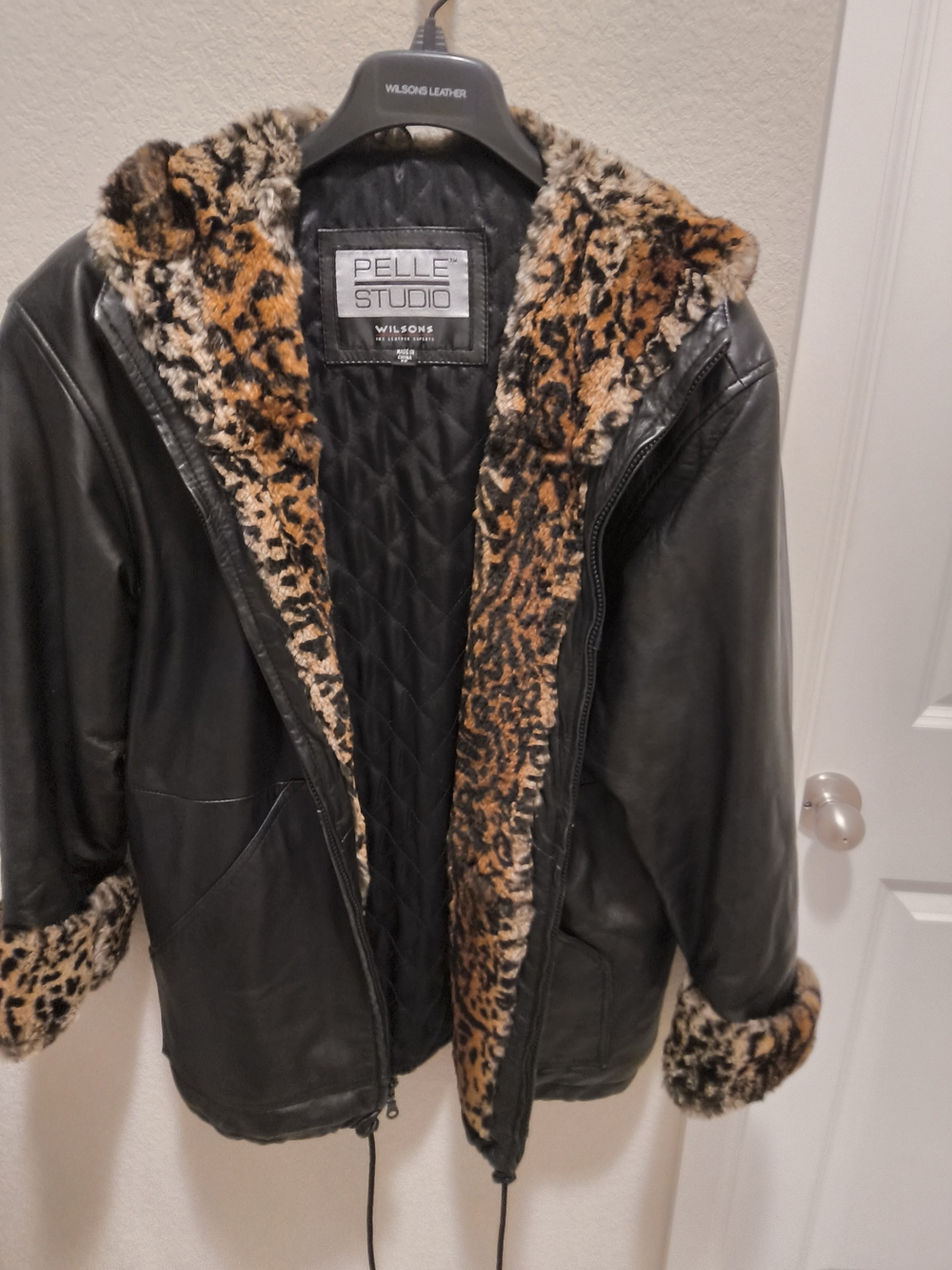 Pelle Studio Black Leather Jacket with Leopard-Print Faux Fur Trim